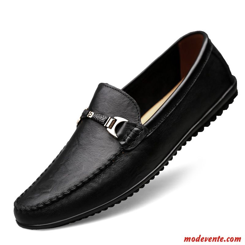 Mocassins Homme Décontractée Semelle Doux Été Chaussures En Cuir Tendance Cuir Véritable Noir