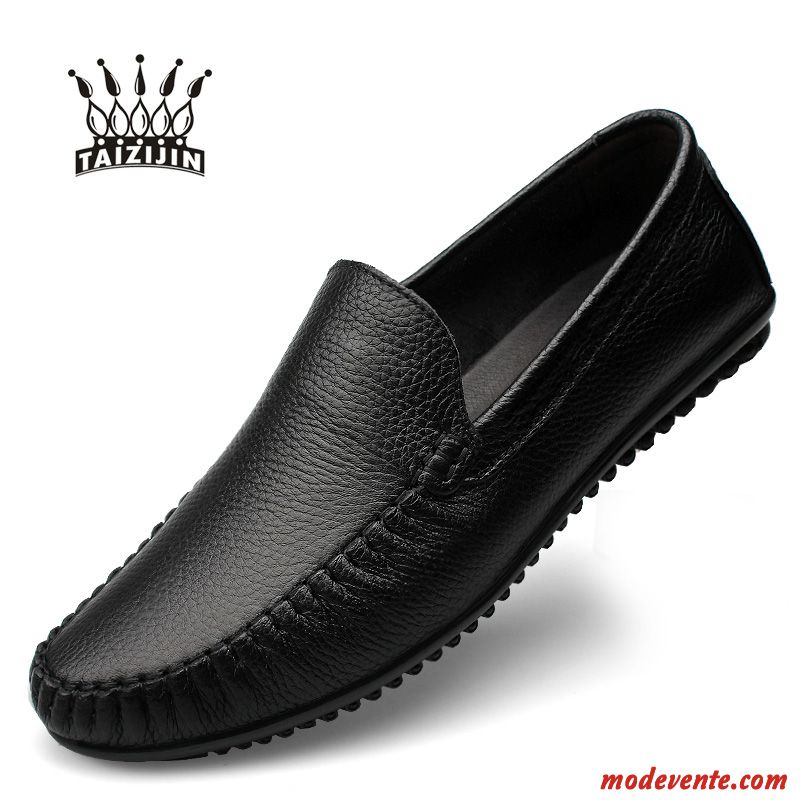 Mocassins Homme En Cuir Cuir Véritable Semelle Doux Décontractée Chaussures En Cuir Été Noir