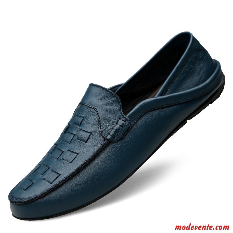 Mocassins Homme En Cuir Décontractée Printemps Semelle Doux Cuir Véritable Chaussures En Cuir Bleu Marin