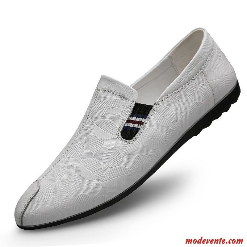 Mocassins Homme Printemps Tendance Décontractée Fleur Cuir Véritable Blanc