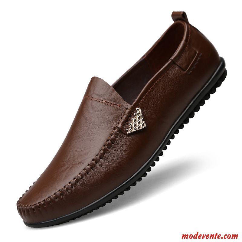 Mocassins Homme Respirant Décontractée Semelle Doux Jeunesse Chaussures En Cuir Cuir Véritable Rouge Brun