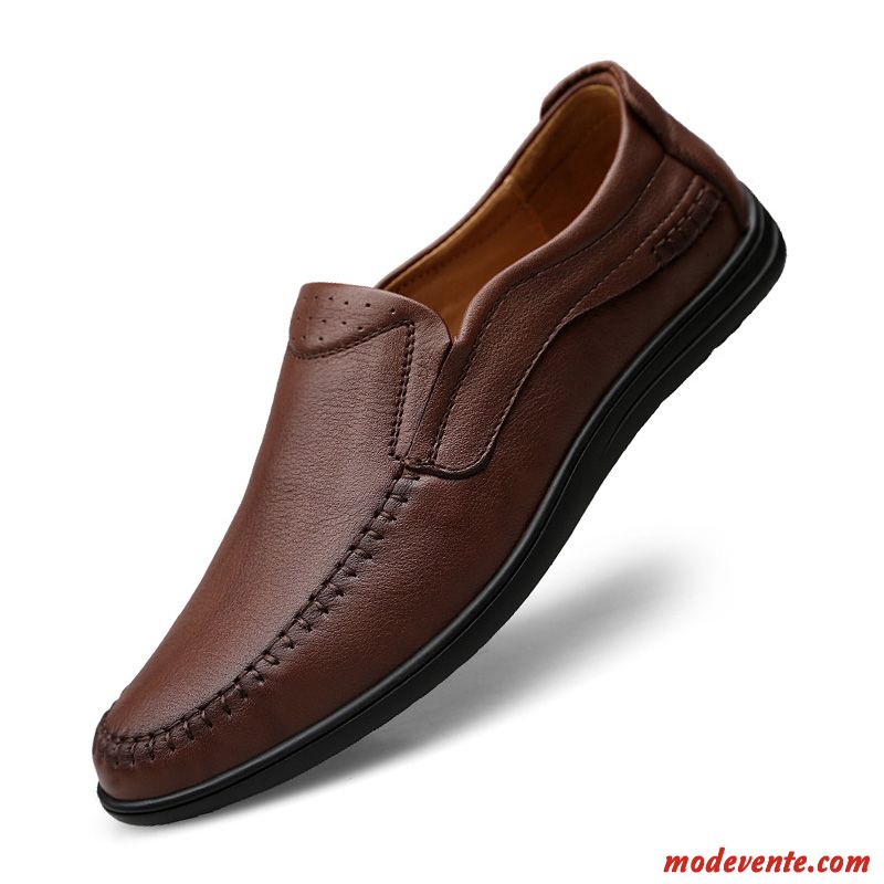 Mocassins Homme Respirant Slip-on Cuir Véritable Semelle Doux Dessus Cuir Printemps Marron