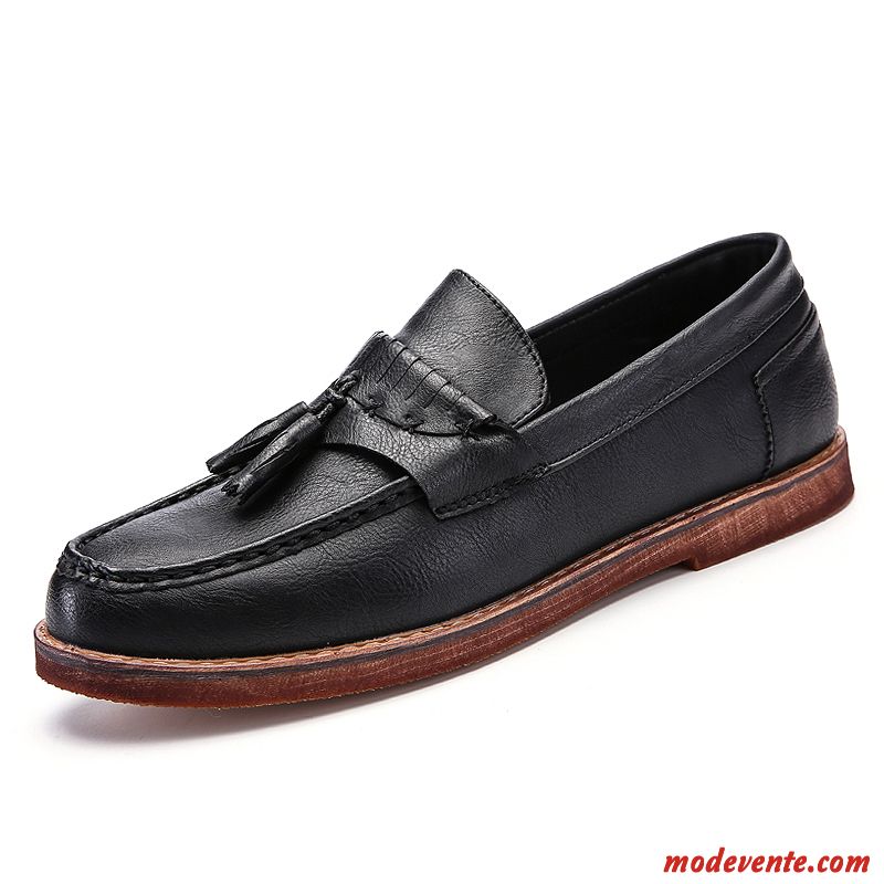 Mocassins Homme Rétro Angleterre Pompon Décontractée Slip-on De Boîtier Noir