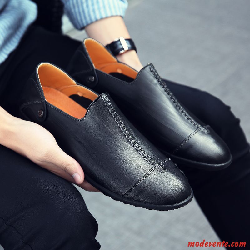 Mocassins Homme Semelle Doux Angleterre Chaussures En Cuir Entreprise Tous Les Assortis Cuir Véritable Noir