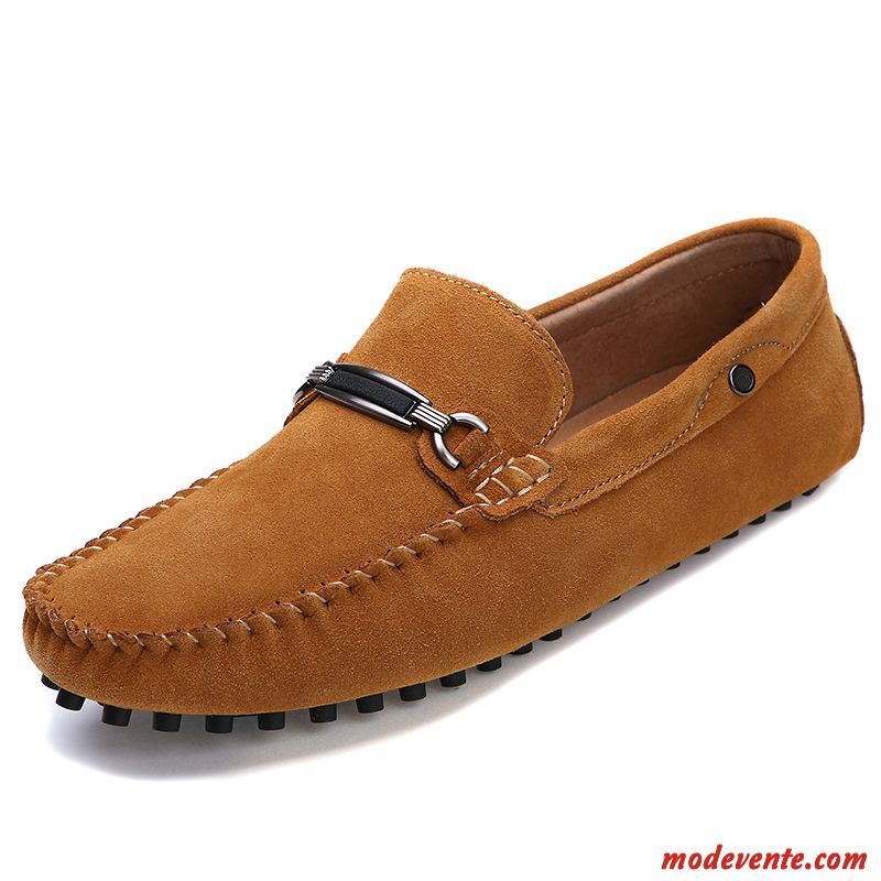 Mocassins Homme Tendance Bout Rond Semelle Doux Cuir Véritable Été Chaussures En Cuir Marron