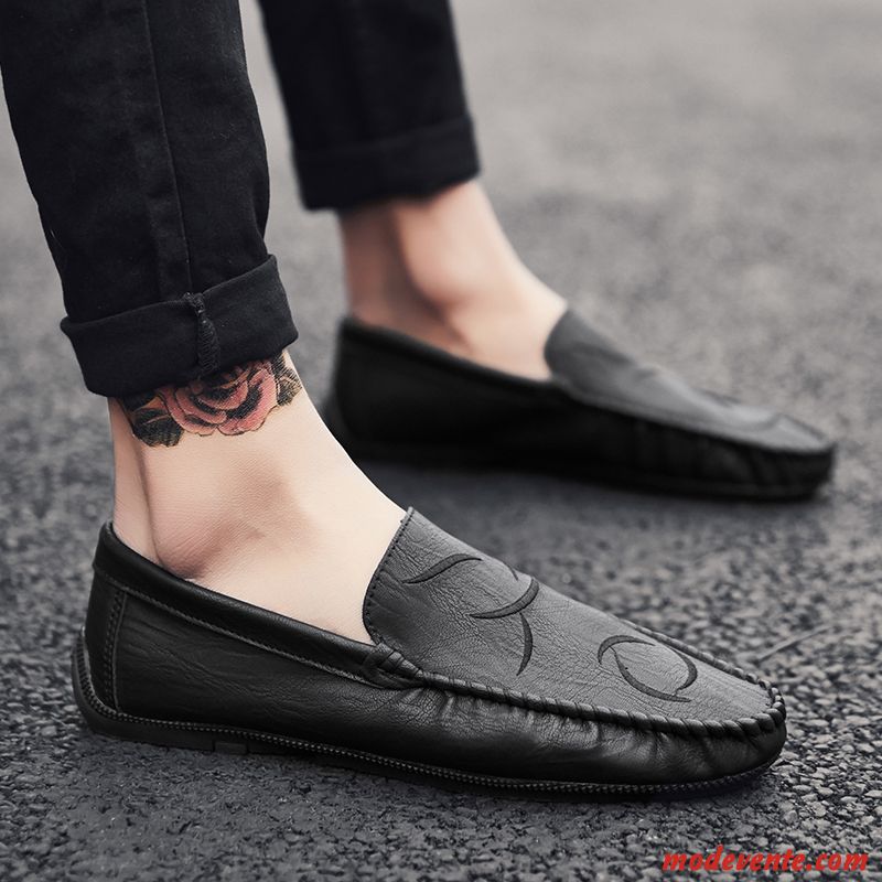 Mocassins Homme Tendance Slip-on Printemps Été Respirant Chaussures En Cuir Noir