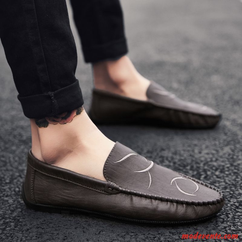 Mocassins Homme Tendance Slip-on Printemps Été Respirant Chaussures En Cuir Noir