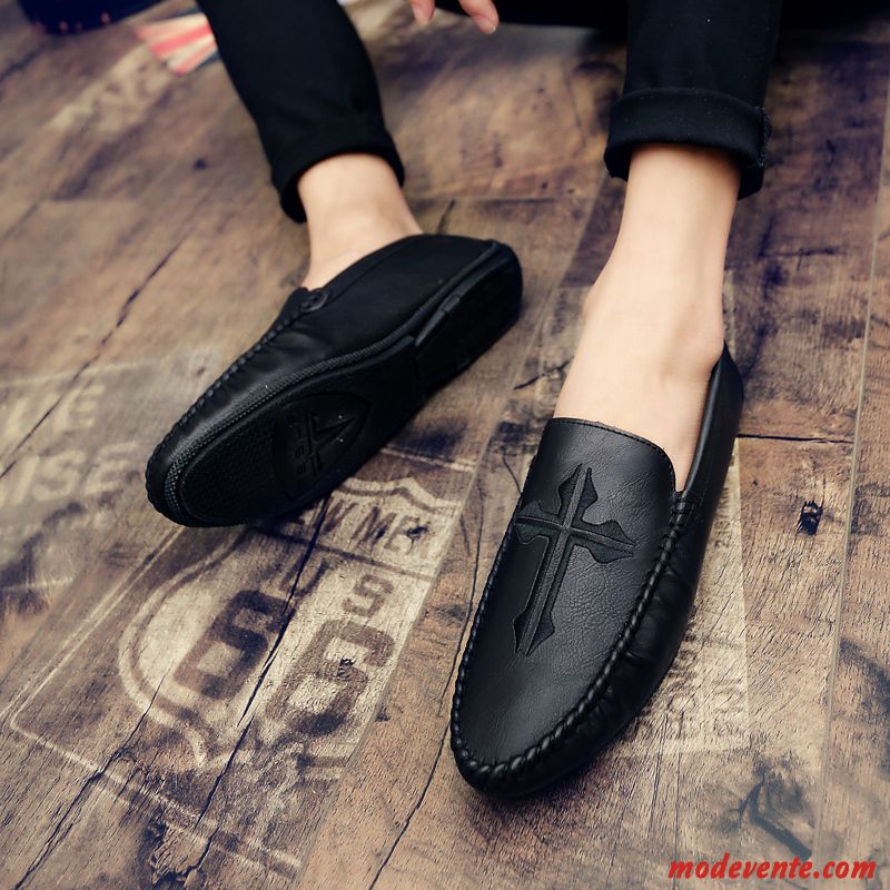 Mocassins Homme Tendance Slip-on Printemps Été Respirant Chaussures En Cuir Noir