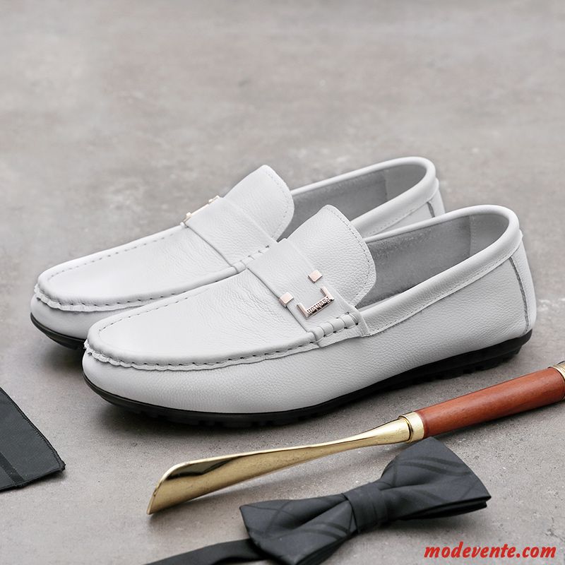 Mocassins Homme Tendance Slip-on Semelle Doux Cuir Véritable Angleterre De Boîtier Blanc