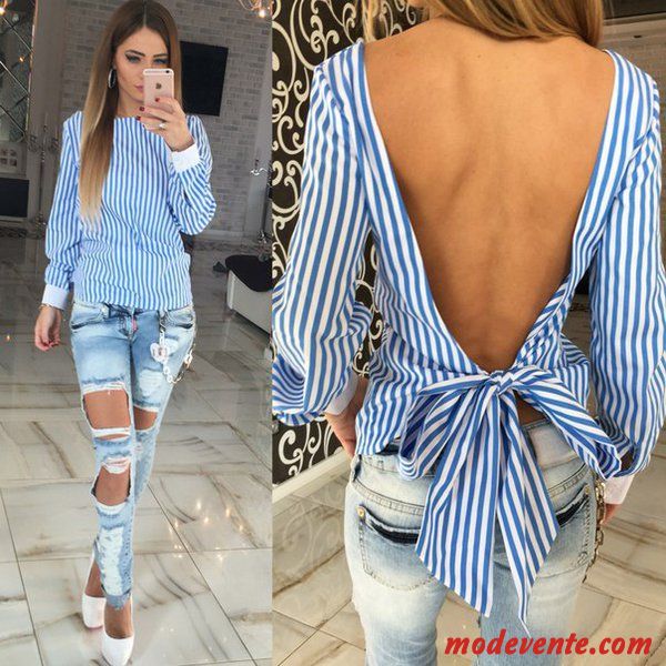 Mode Rayé Backless Bow Femmes Blouse Conception Vente