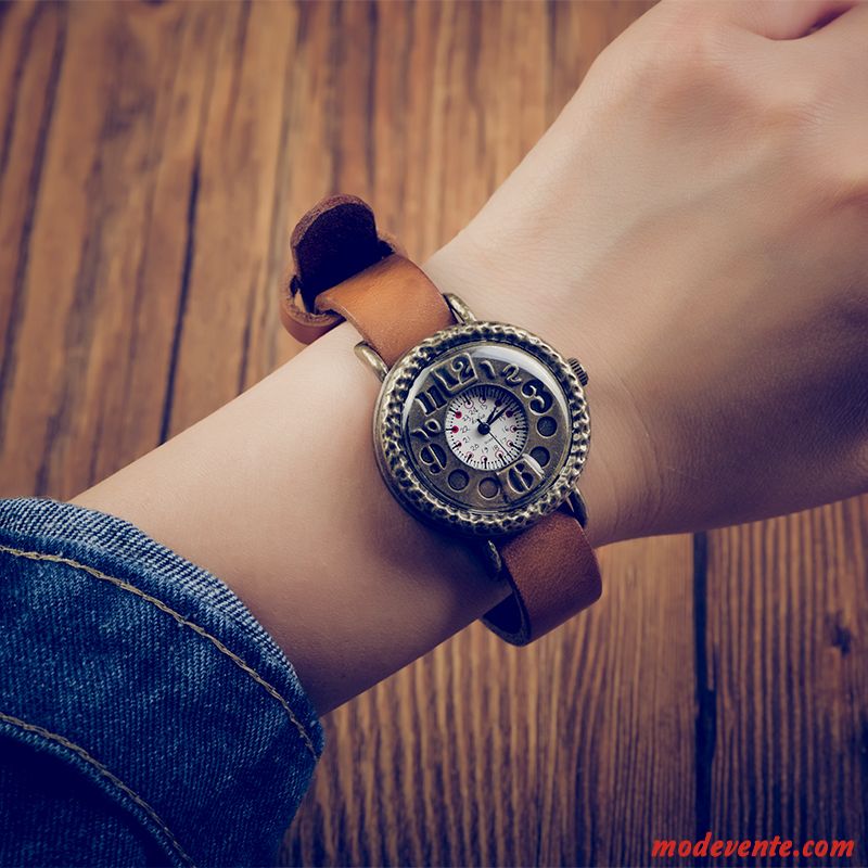 Montre Femme Modèles Féminins Rétro Étudiant Tendance Cuir Véritable Art Brun