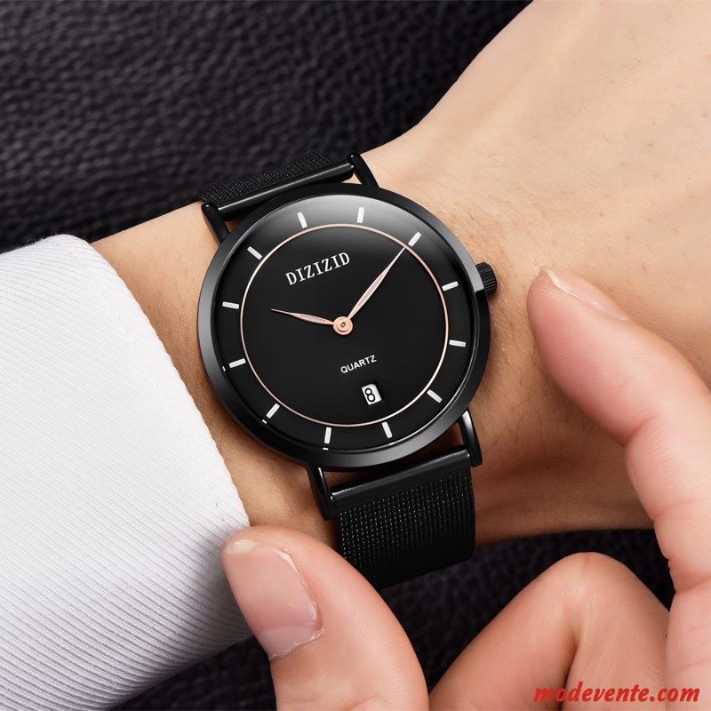 Montre Homme Loisir Simple Étudiant Montre À Bracelet Très Mince Watchband Noir