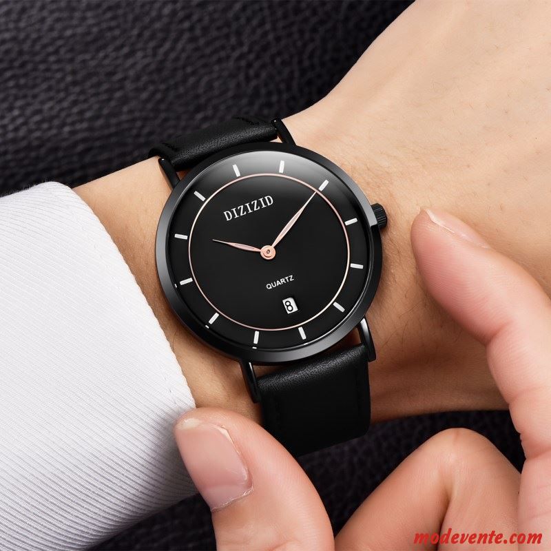 Montre Homme Loisir Simple Étudiant Montre À Bracelet Très Mince Watchband Noir