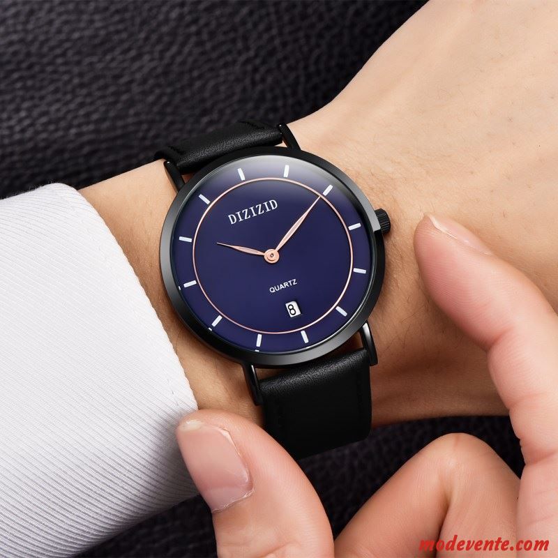 Montre Homme Loisir Simple Étudiant Montre À Bracelet Très Mince Watchband Noir