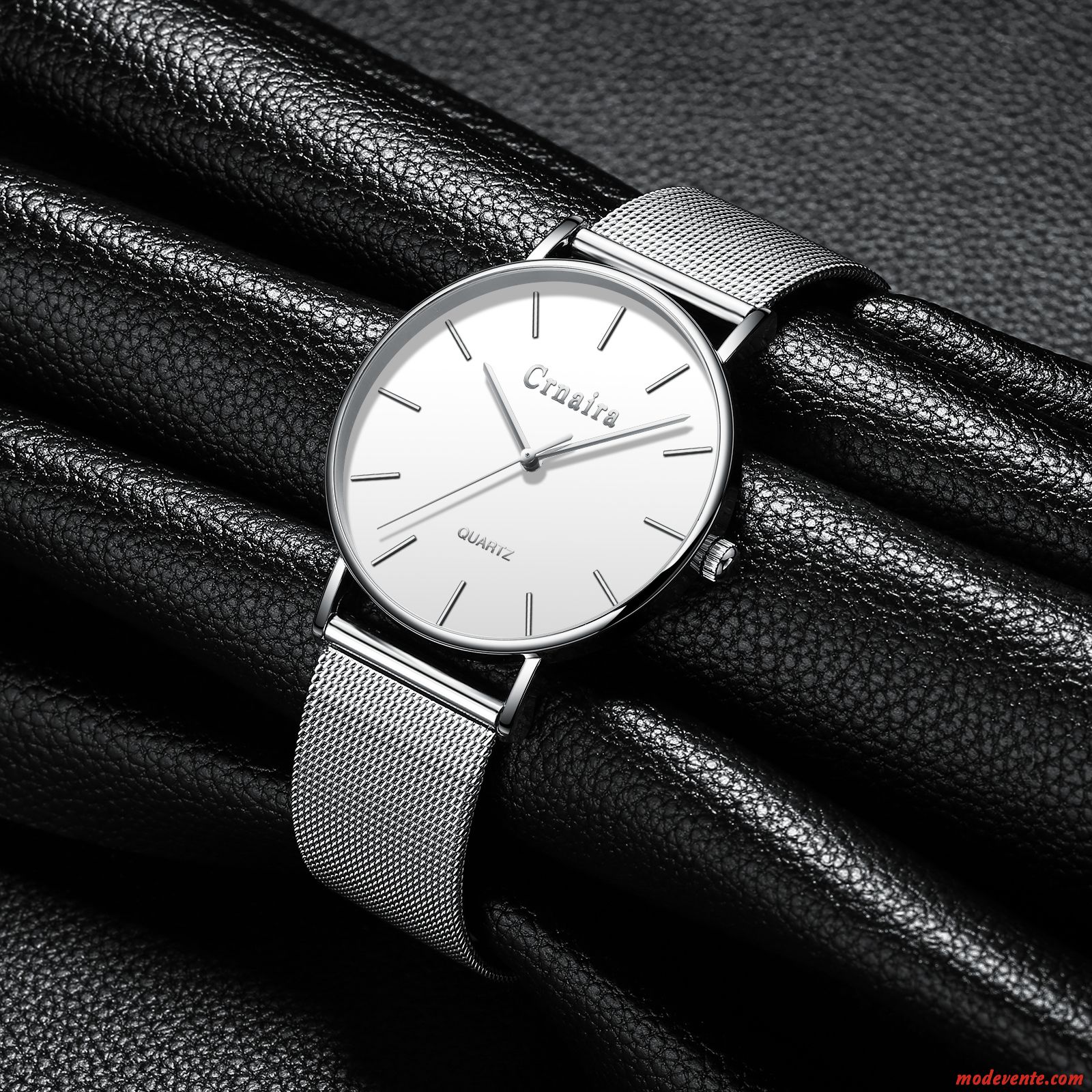 Montre Homme Simple Tendance Ultra Étanche Très Mince Mode Noir Argent