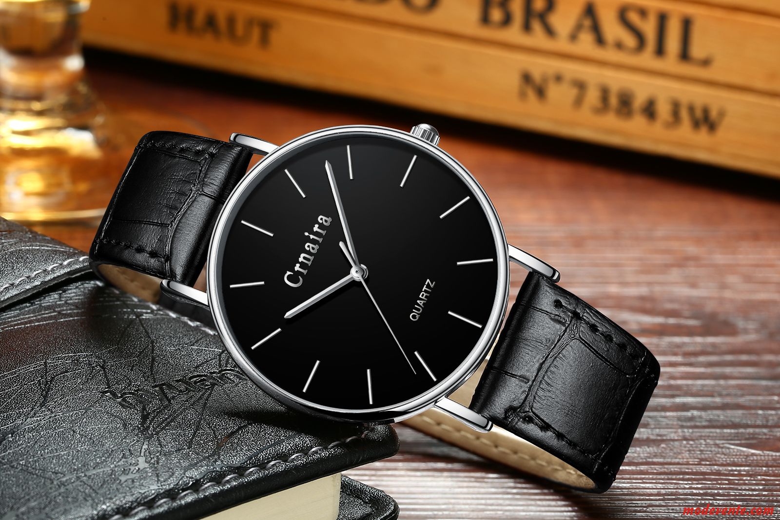 Montre Homme Simple Tendance Ultra Étanche Très Mince Mode Noir Argent