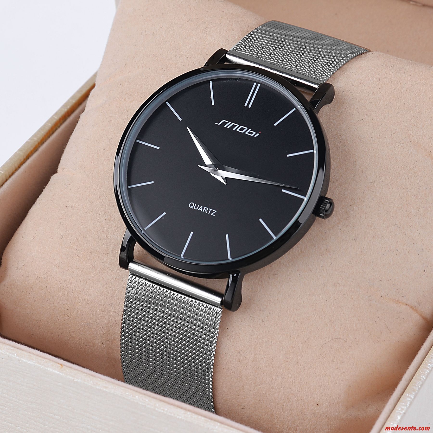 Montre Homme Simple Tendance Ultra Étanche Très Mince Mode Noir Argent