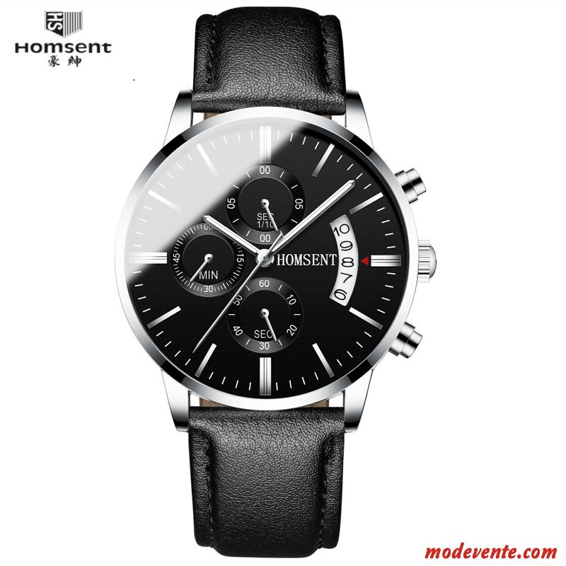 Montre Homme Sport Authentique Mode Calendrier Montre À Quartz Étanche Noir Argent