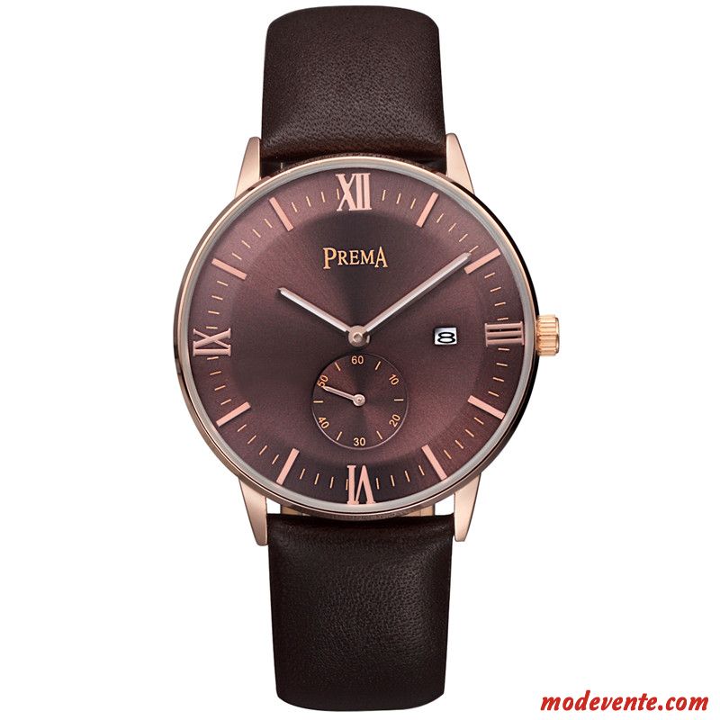 Montre Homme Tendance Calendrier Authentique Ceinture Loisir Montre À Bracelet Marron Or