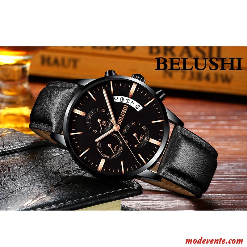 Montre Homme Tendance Montre À Quartz Authentique Étudiant Multifonctions Montre À Bracelet Noir Or