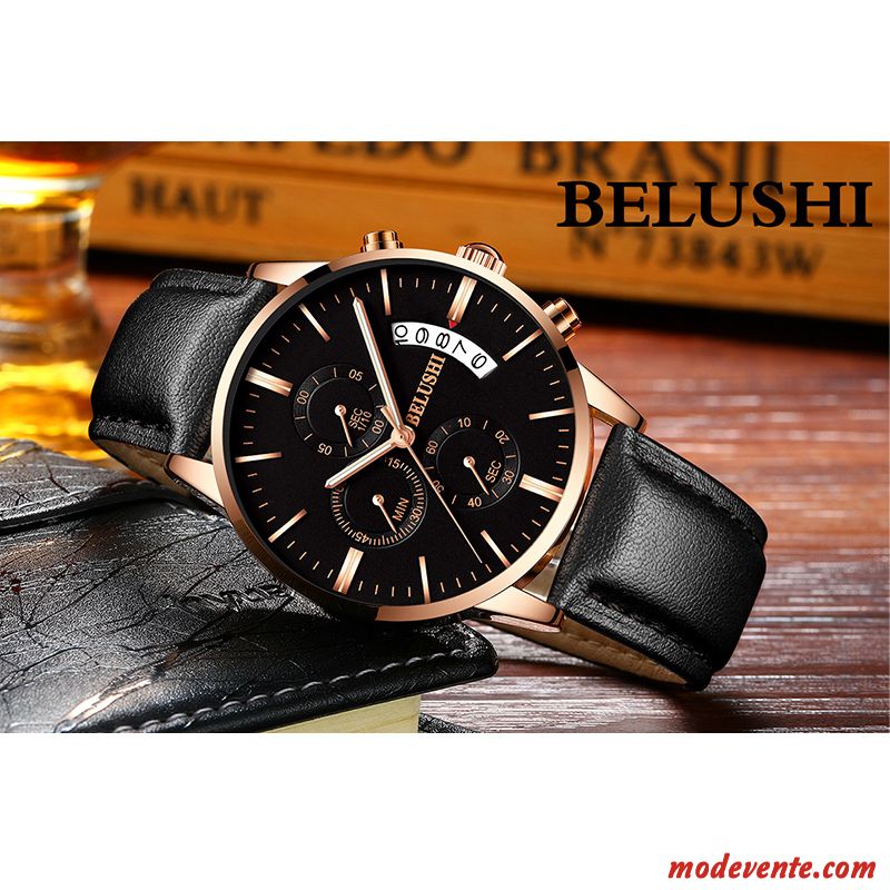 Montre Homme Tendance Montre À Quartz Authentique Étudiant Multifonctions Montre À Bracelet Noir Or