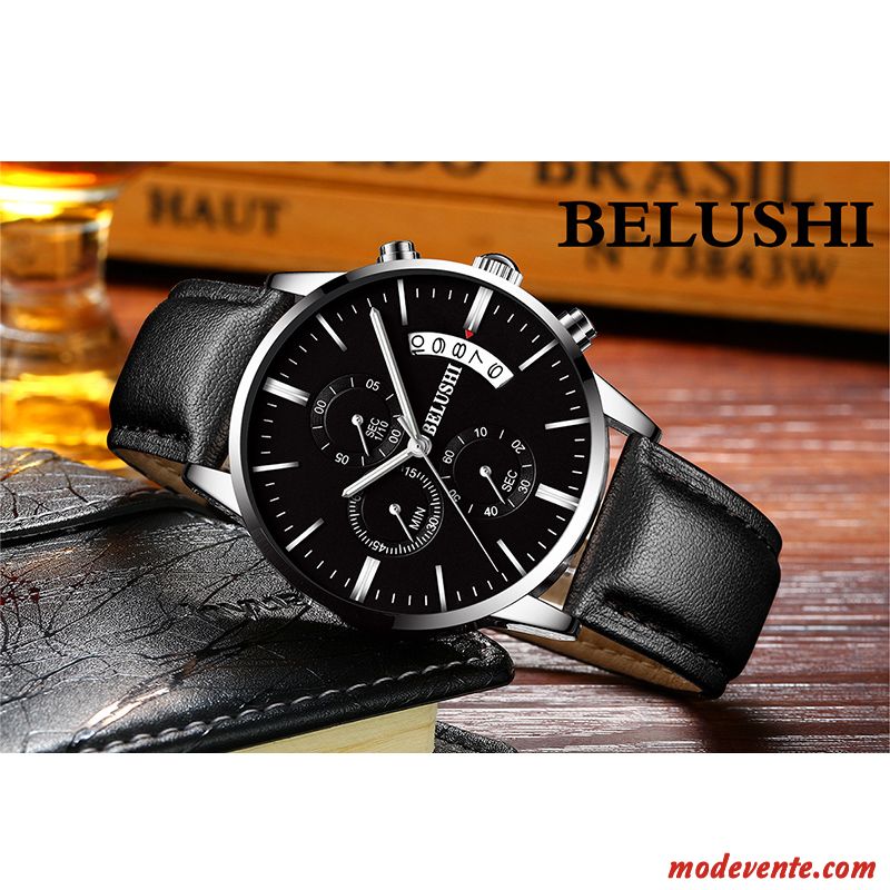 Montre Homme Tendance Montre À Quartz Authentique Étudiant Multifonctions Montre À Bracelet Noir Or