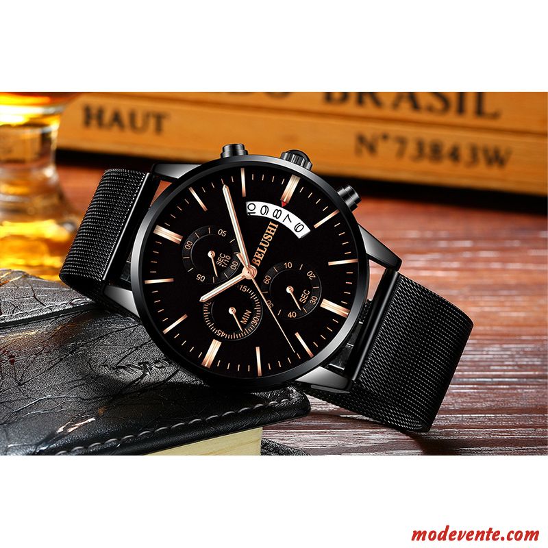 Montre Homme Tendance Montre À Quartz Authentique Étudiant Multifonctions Montre À Bracelet Noir Or