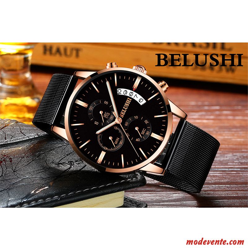 Montre Homme Tendance Montre À Quartz Authentique Étudiant Multifonctions Montre À Bracelet Noir Or