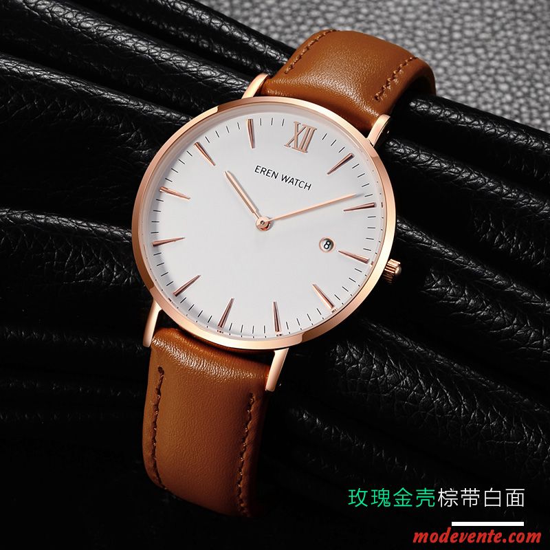 Montre Homme Étanche Authentique Tendance Personnalité Loisir Très Mince Rose Blanc Brun Or