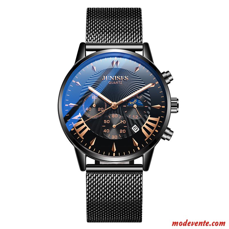 Montre Homme Étudiant Montre À Bracelet Tendance Réseau Étanche Automatique Bleu Noir Argent