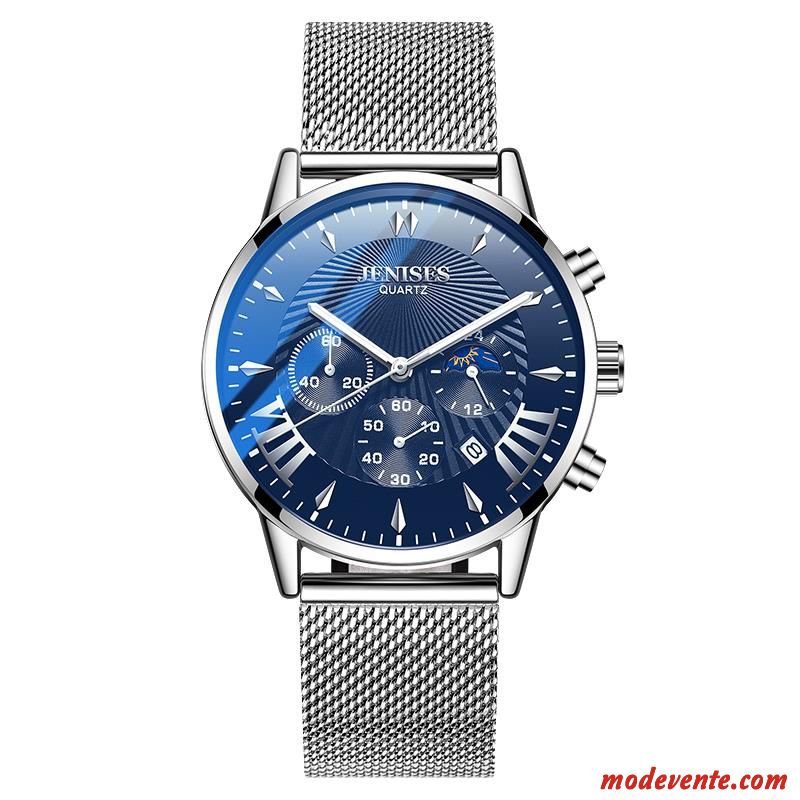 Montre Homme Étudiant Montre À Bracelet Tendance Réseau Étanche Automatique Bleu Noir Argent