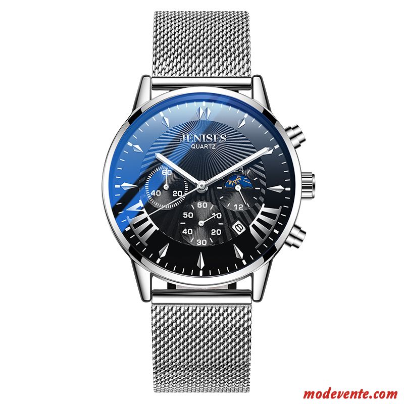 Montre Homme Étudiant Montre À Bracelet Tendance Réseau Étanche Automatique Bleu Noir Argent