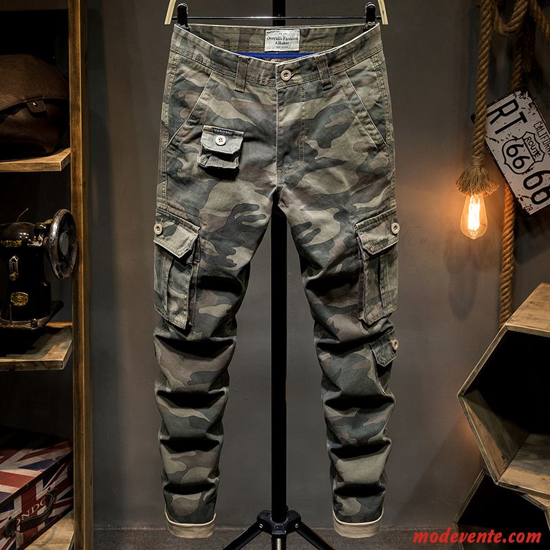 Pantalon Cargo Homme Baggy Multi-poche Jambe Droite De Plein Air Coton Bio Camouflage Vert