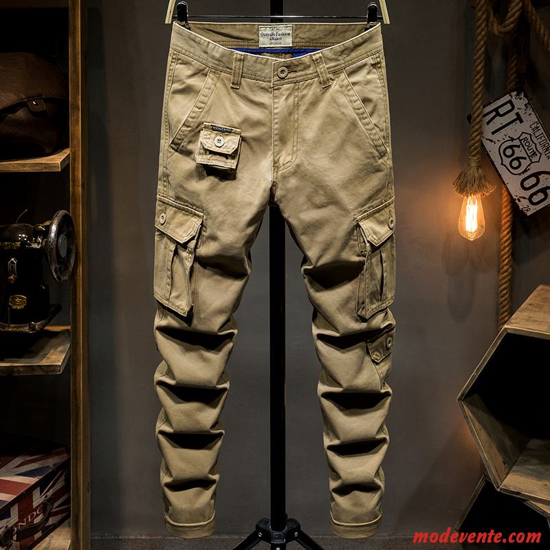 Pantalon Cargo Homme Baggy Multi-poche Jambe Droite De Plein Air Coton Bio Camouflage Vert