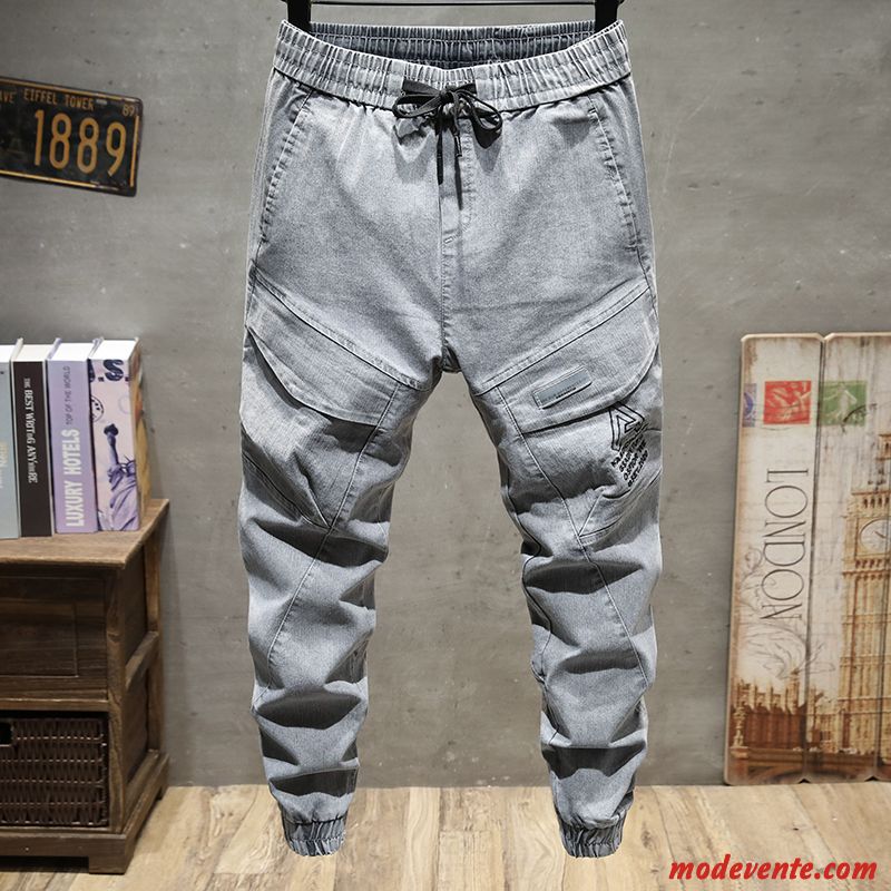 Pantalon Cargo Homme Baggy Serrés Jeans Élastique Marque De Tendance Été Gris