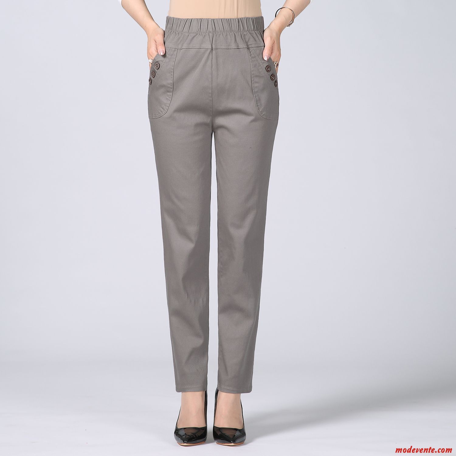 Pantalon Femme Légère Haute Cintrée Coton Âge Moyen Baggy Maman Gris