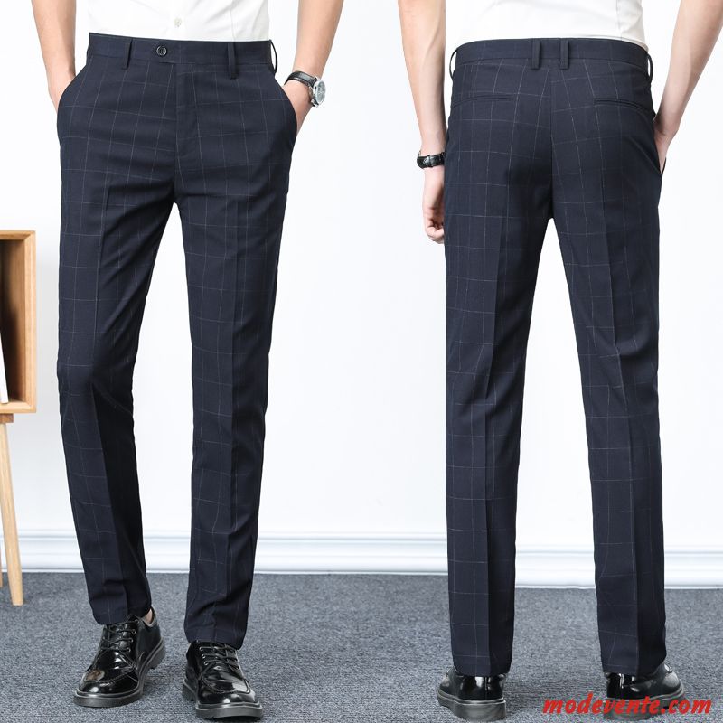 Pantalon Homme Légère Carreaux Slim Jeunesse Pantalons Tendance Bleu