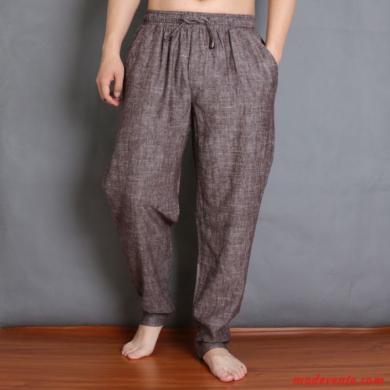 Pantalon Homme Printemps Harlan Lin Tendance Style Chinois Baggy Brun Foncé