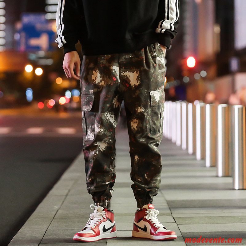 Pantalon Homme Serrés Printemps Camouflage Hip Hop Pantalon Cargo Baggy Vert