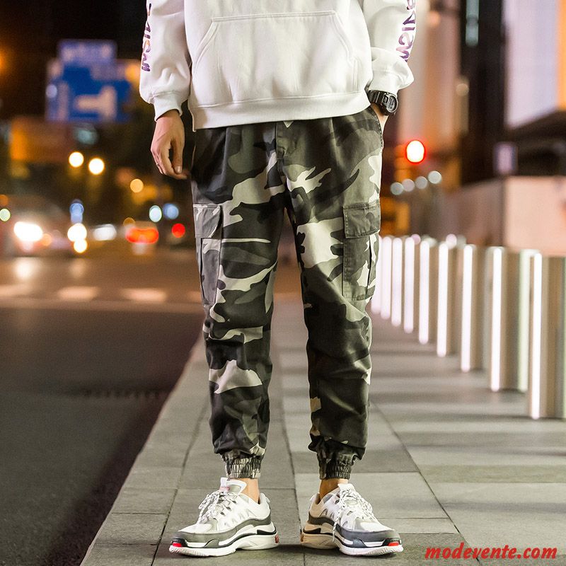 Pantalon Homme Serrés Printemps Camouflage Hip Hop Pantalon Cargo Baggy Vert