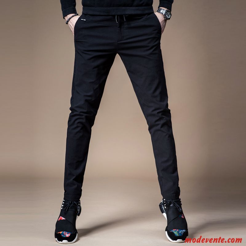 Pantalon Homme Tendance Laçage Élastique Maigre Pantalons Slim Noir