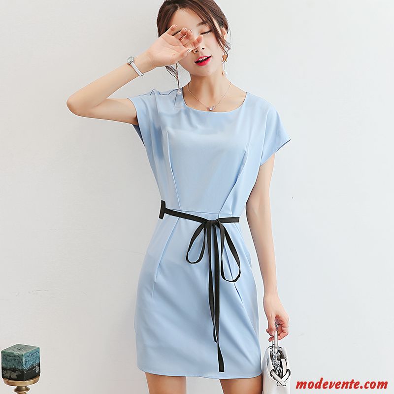 Robes Femme Laçage Mince Nervurées Été Courte Mode Bleu