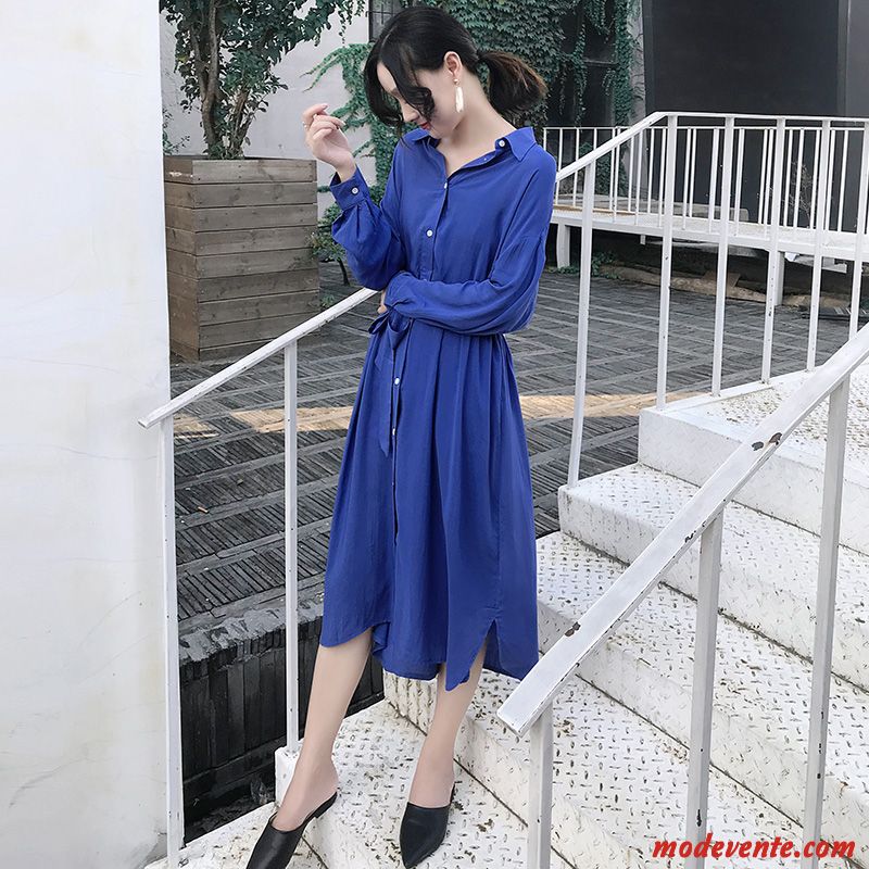 Robes Femme Longue Chemisier L'automne Haute Cintrée Tempérament Bleu