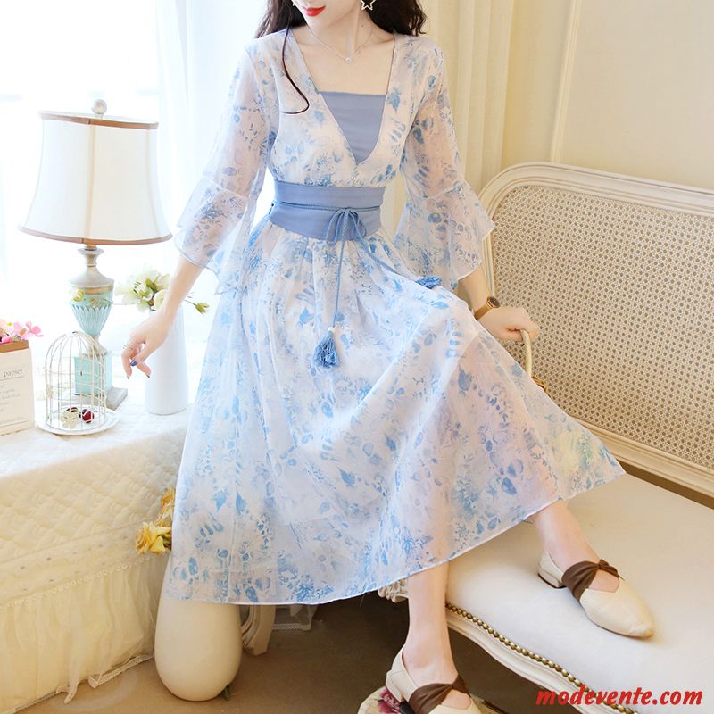 Robes Femme Manche Mousseline De Soie Rétro Évasé Été Bleu