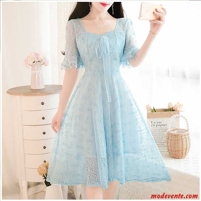 Robes Femme Manche Mousseline De Soie Rétro Évasé Été Bleu