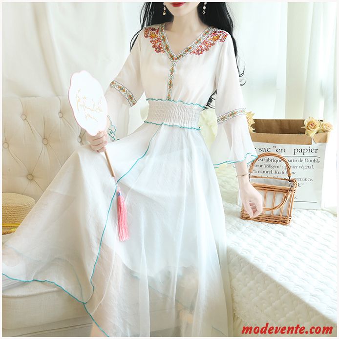 Robes Femme Manche Mousseline De Soie Rétro Évasé Été Bleu
