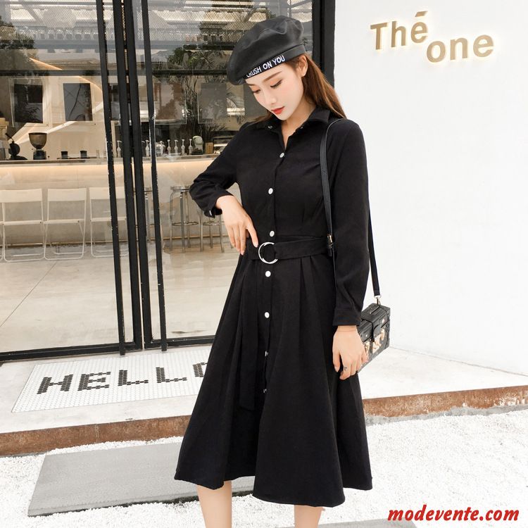 Robes Femme Mince L'automne Rétro Ceinture Nervurées Hiver Noir