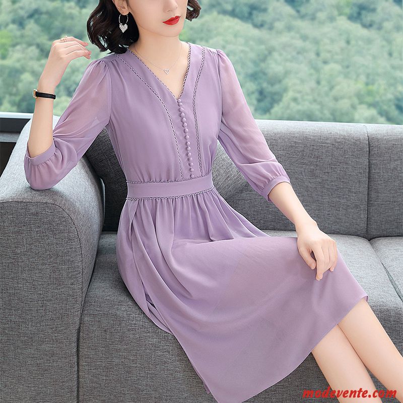 Robes Femme Mode Longue L'automne Couleur Tempérament Manche Violet