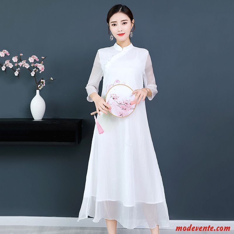 Robes Femme Mousseline De Soie Été Cheongsam Style Chinois Col Mandarin Impression Jaune