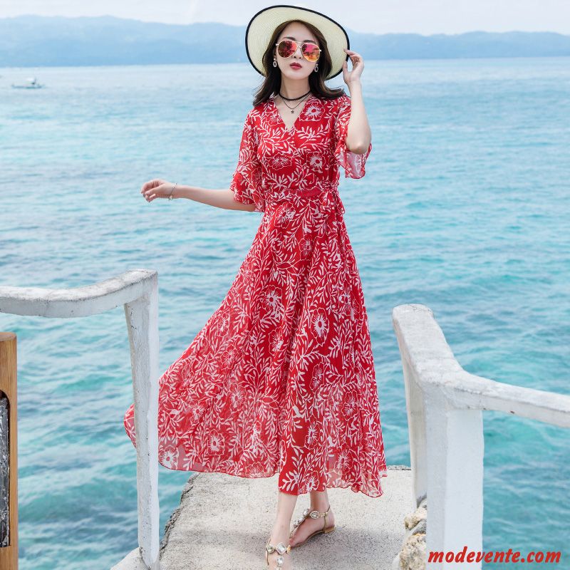 Robes Femme Vacances Grande Taille Plage Été Mousseline De Soie Impression Rouge